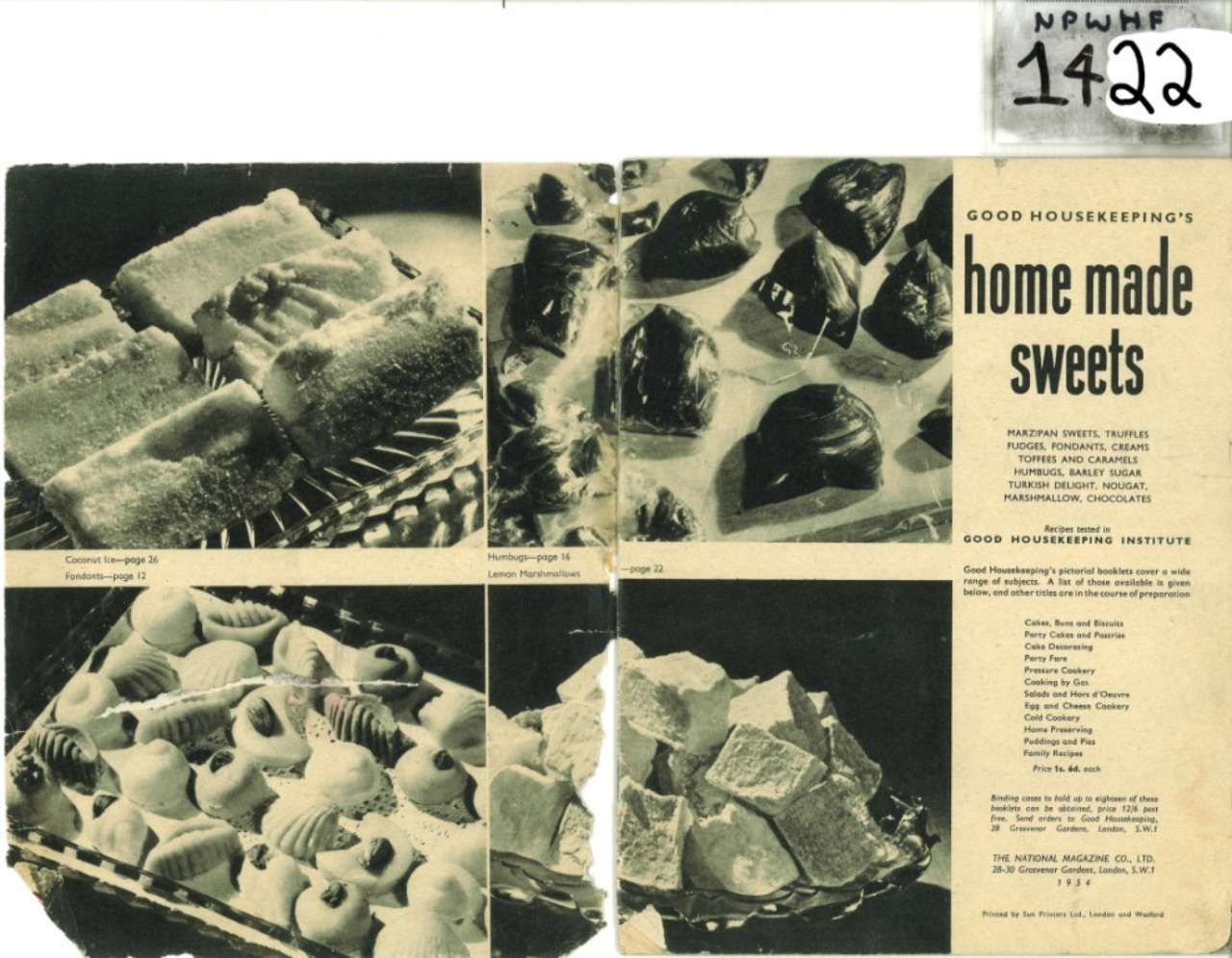 Vintage ad layout for home-made sweets, with black-and-white photos of assorted pastries and recipe text