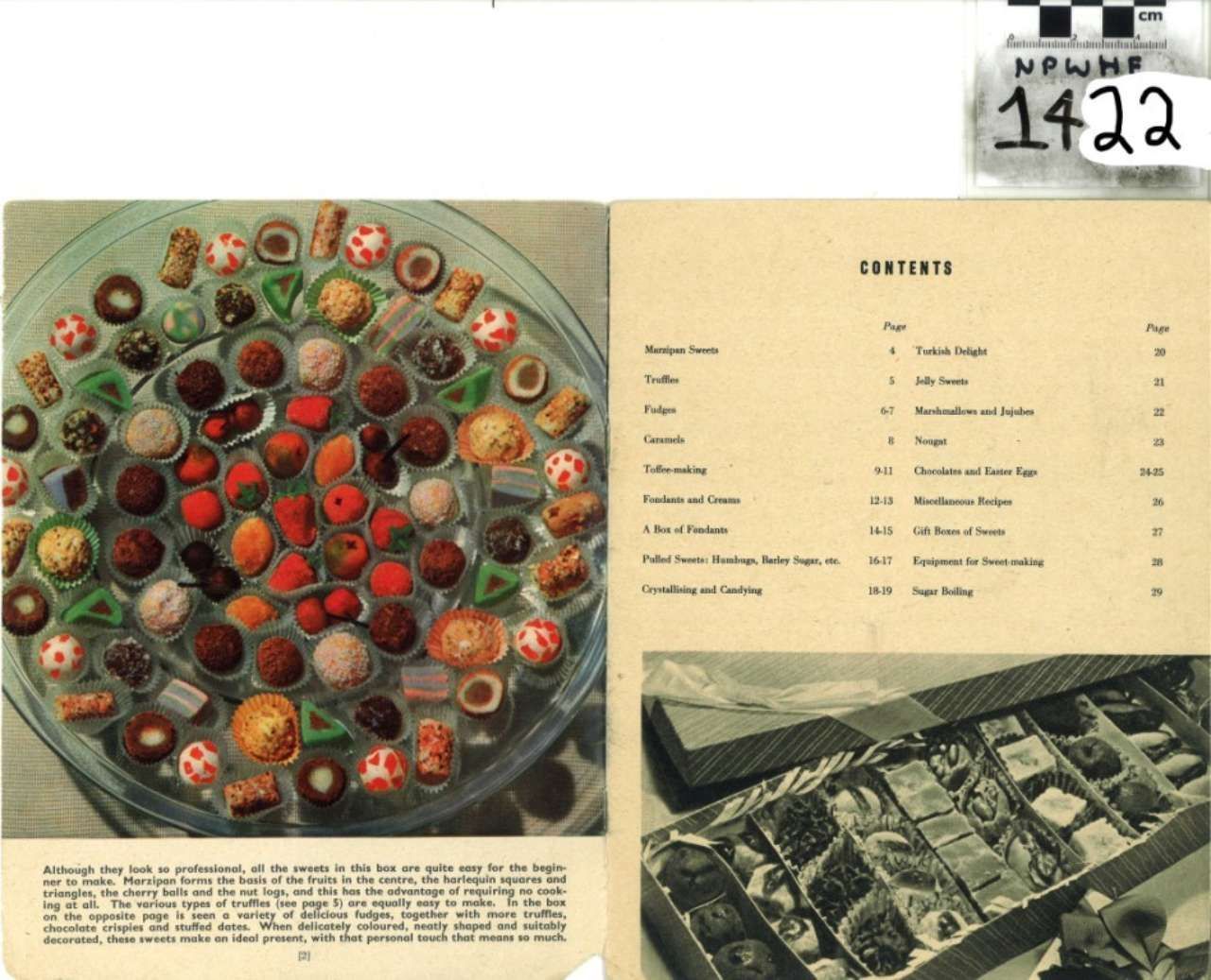 Open cookbook page with colorful dessert platter, contents list, and a photo of assorted baked goods.