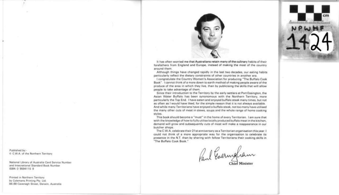 Open booklet page with portrait, typed letter, and small approval stamp in the upper right.