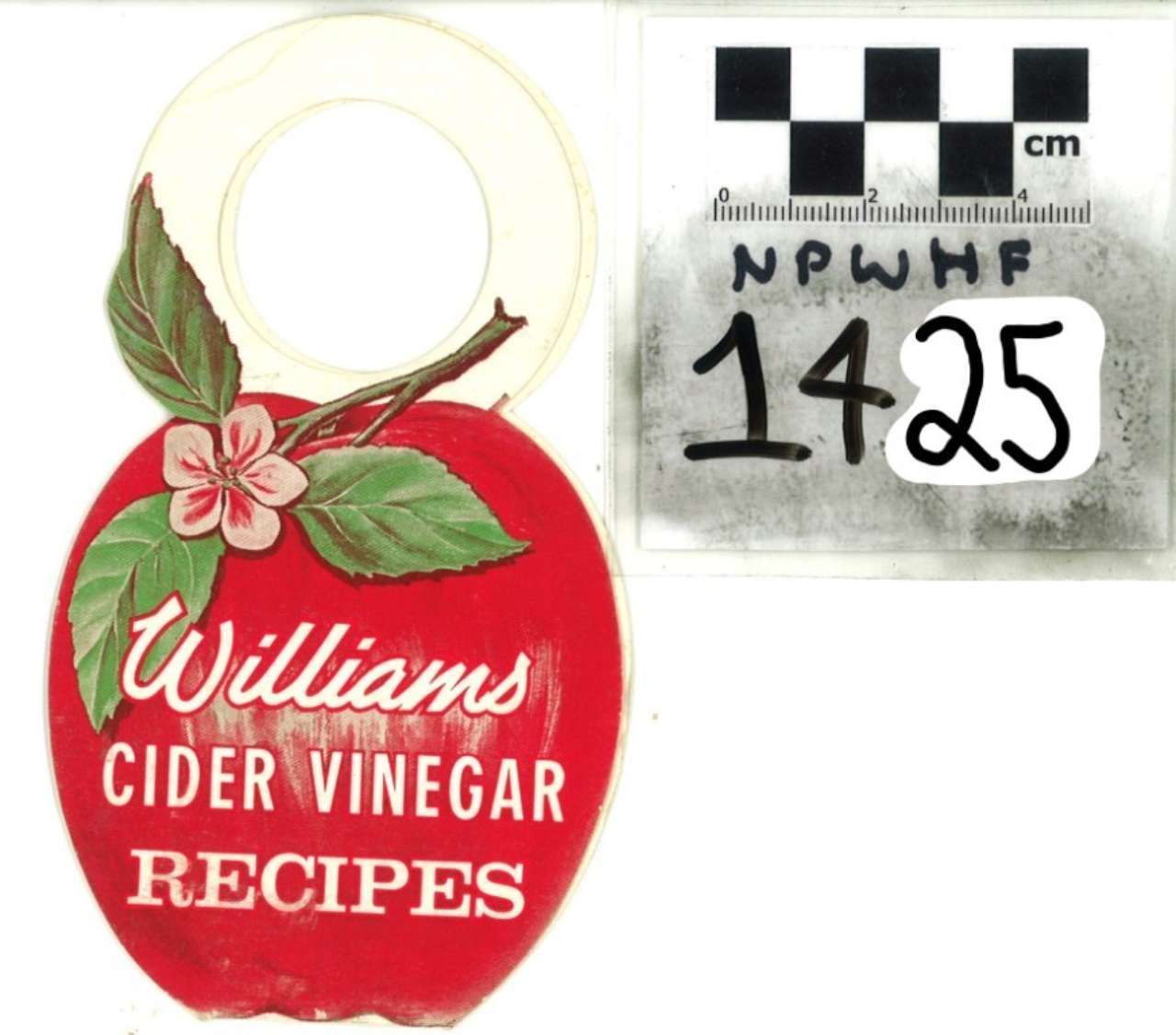 Williams Cider Vinegar Recipes red circular hanging sign with leaf and flower, shown next to a measurement label 1425