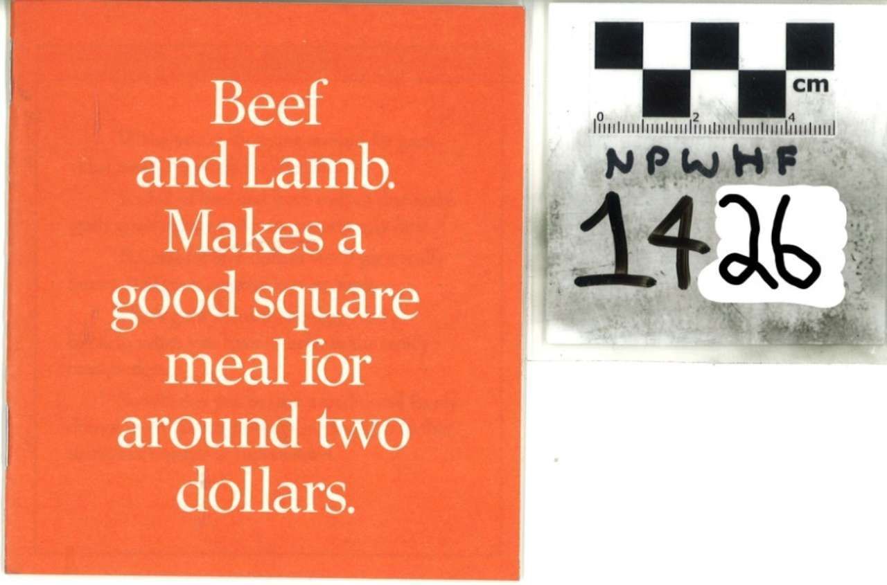 Orange ad reading “Beef and Lamb. Makes a good square meal for around two dollars.” with small checkerboard label