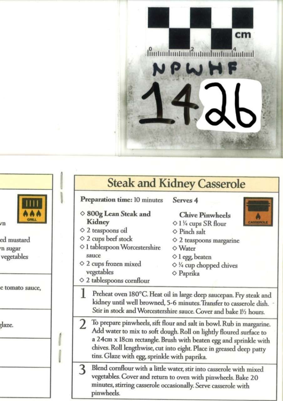 Close-up of a recipe card titled “Steak and Kidney Casserole” with notes and a handwritten “1426” label above.