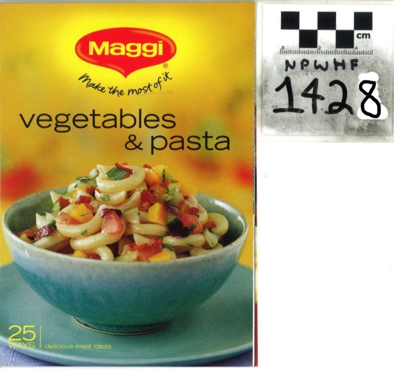 Maggi vegetables & pasta packet with bowl of pasta on yellow background, numbered label beside it