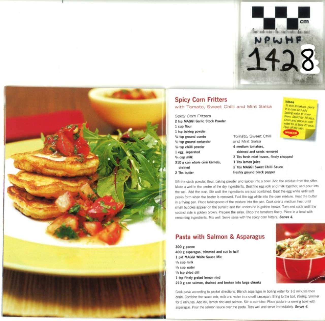 Cookbook page with plated corn fritters, salad, and pasta recipes laid out beside food photos.