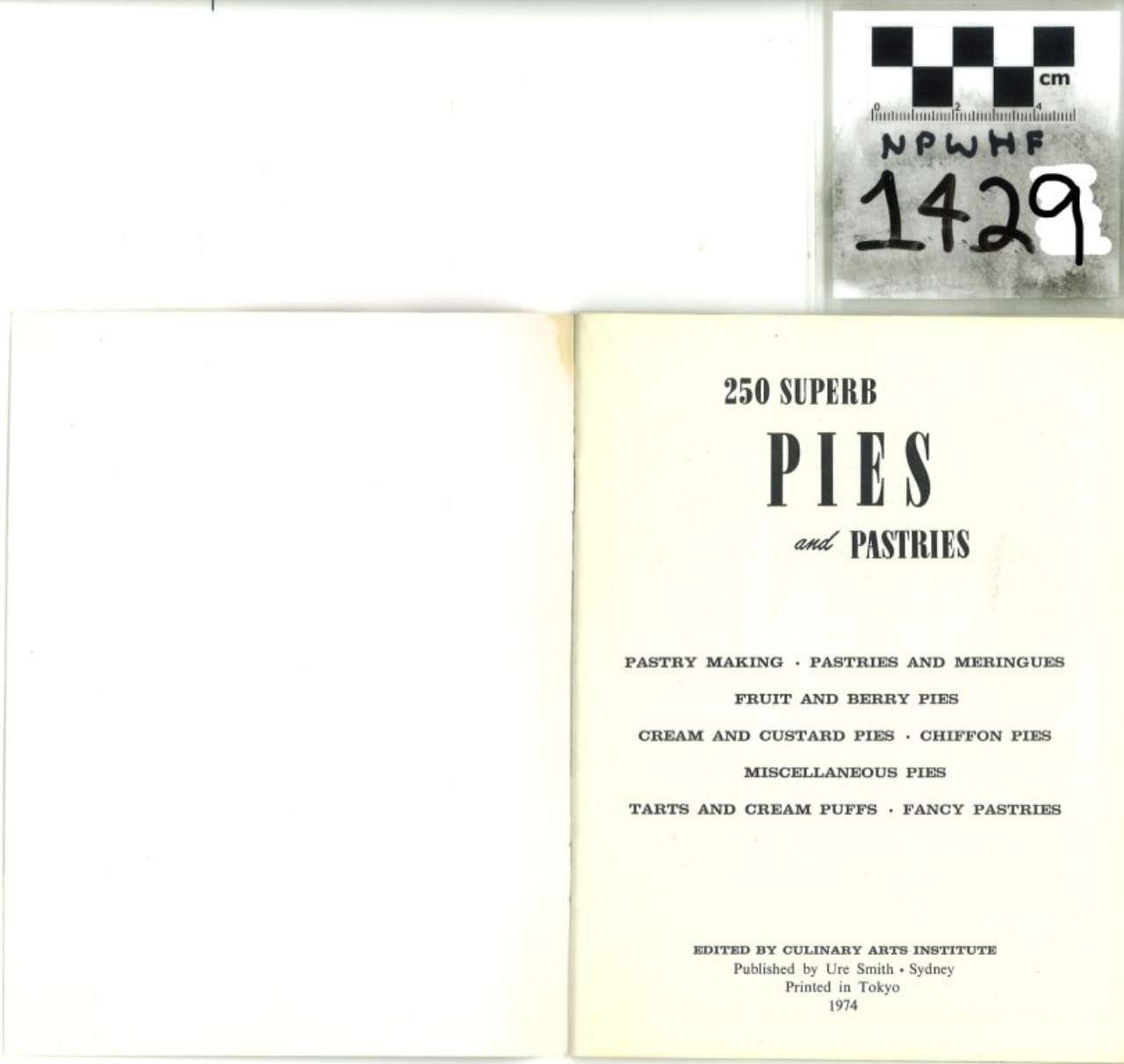 Open cookbook spread showing title page “250 Super Pies and Pastries” with black-and-white checkered label.