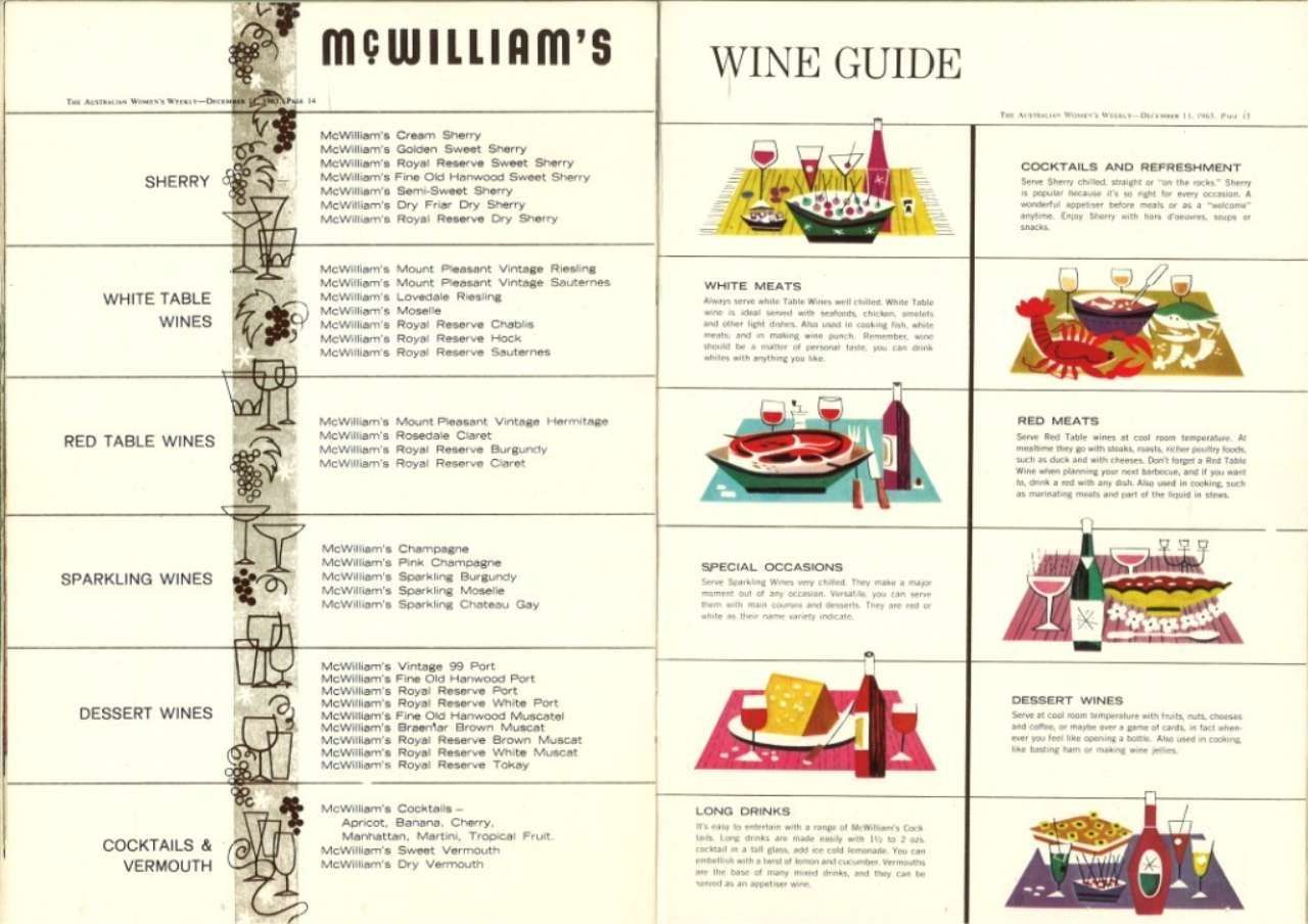McWilliam’s Wine Guide brochure with illustrated wines, food pairings, and tasting notes