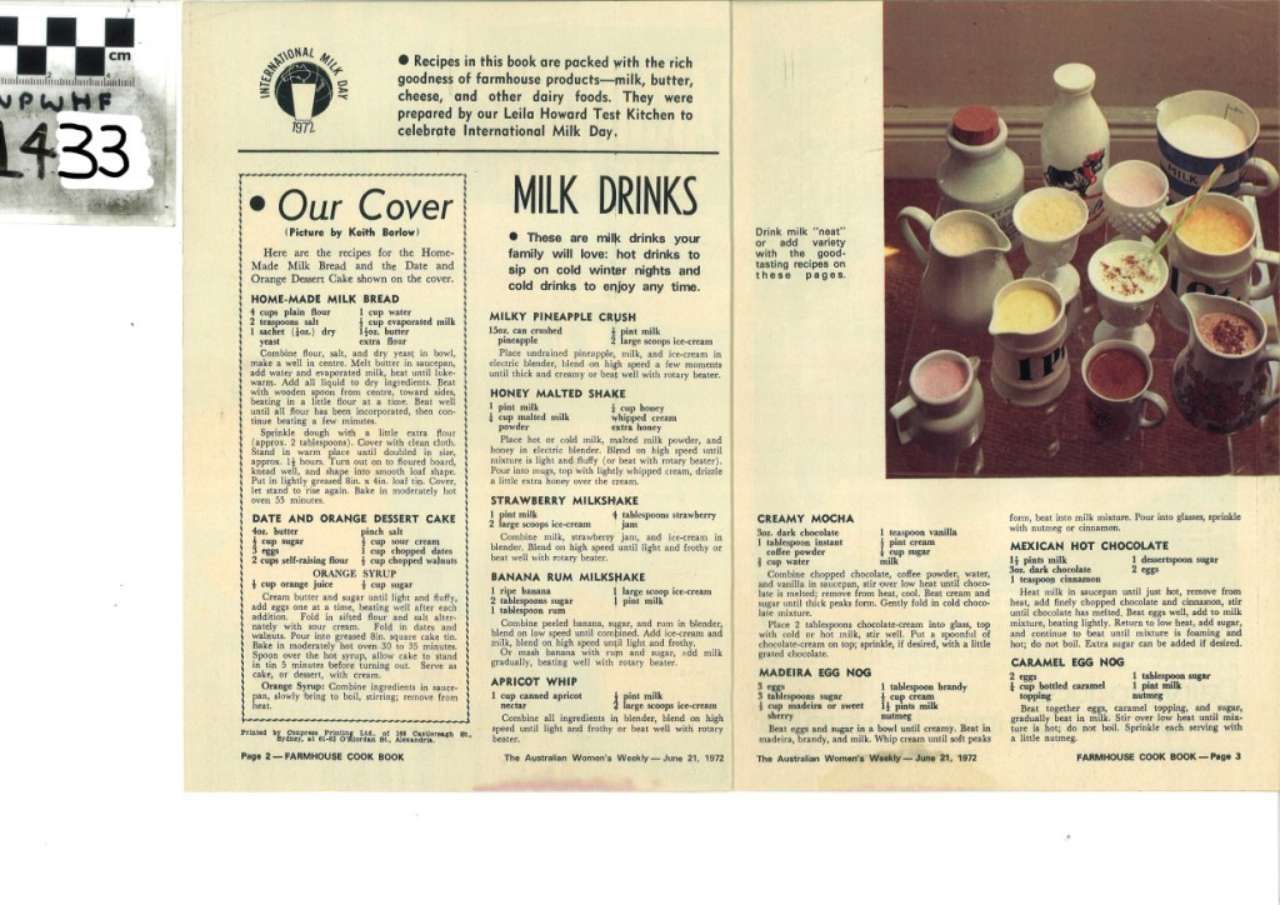 Vintage cream-and-brown milk drink menu with text columns and a photo of assorted milkshakes and desserts