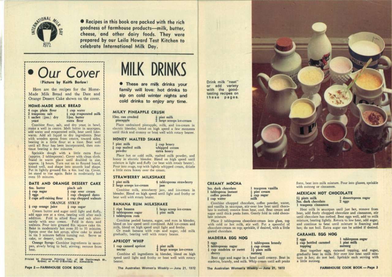 Vintage cereal box back with recipes and milk drinks text beside a photo of stacked cups