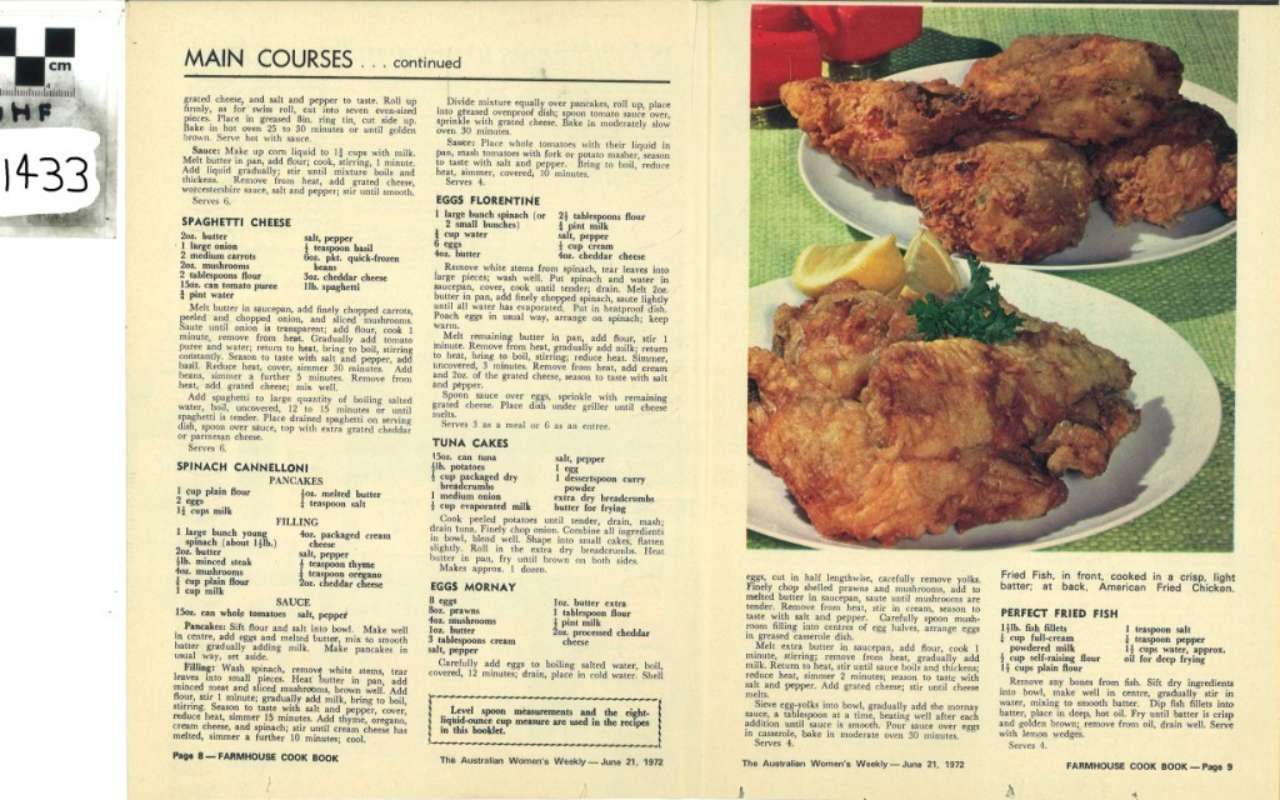 Vintage cookbook page with text and photos of fried chicken dishes on a plate