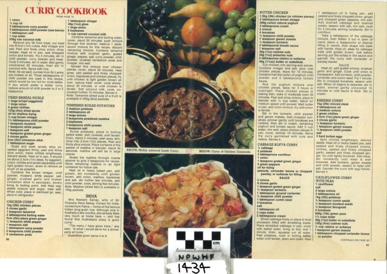 Scanned cookbook page with two food photos and dense recipe text columns