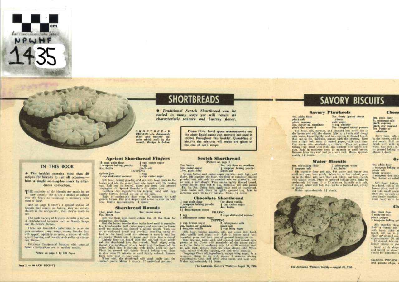 Vintage beige bakery ad page showing shortbreads and savory biscuits with photos and product text