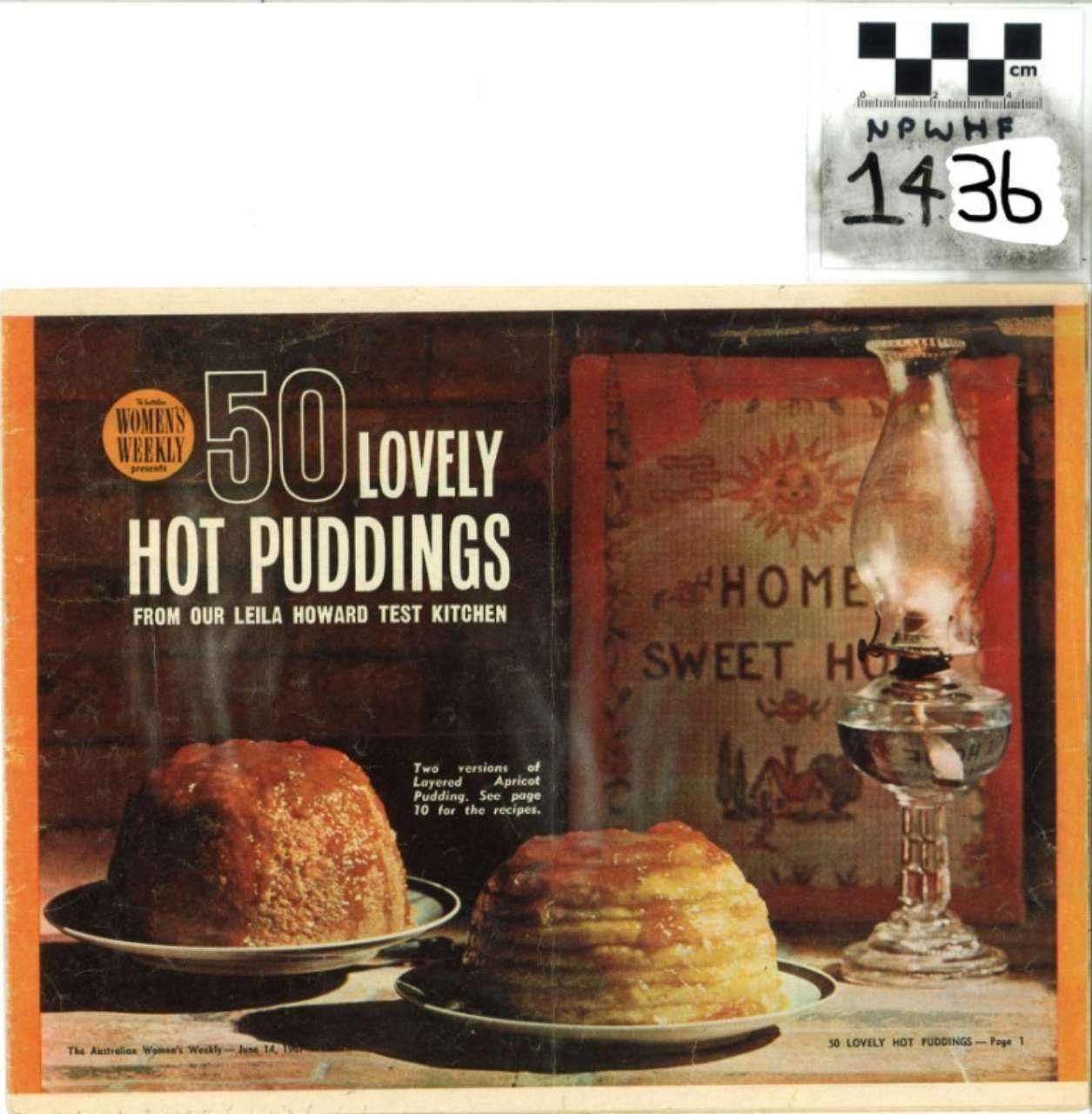 Vintage cookbook ad for 50 hot pudding recipes, with two plated puddings and a “Home Sweet Home” sign