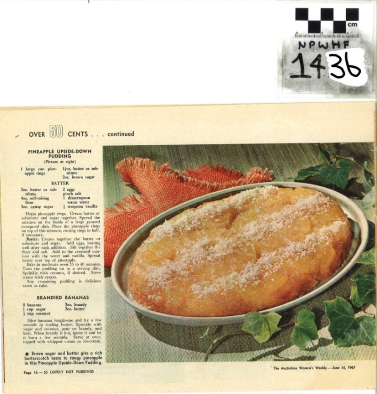 Vintage recipe ad with a loaf of bread in a baking pan and a small ingredient list on the left