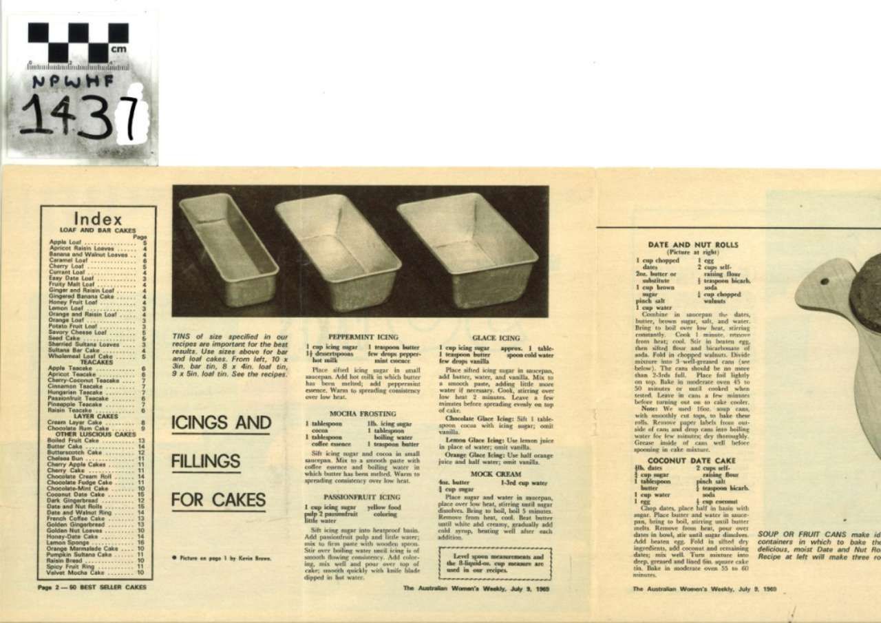 Vintage cookbook page with recipes, three loaf pans, and a patterned black-and-white corner detail