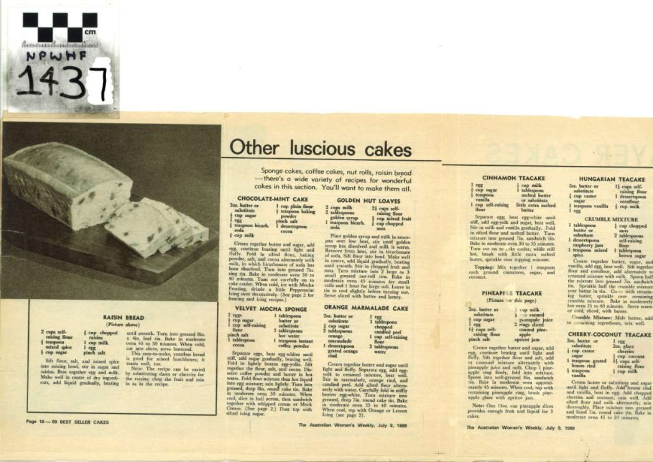 Vintage cookbook page titled “Other luscious cakes” with cake photo and recipe text columns