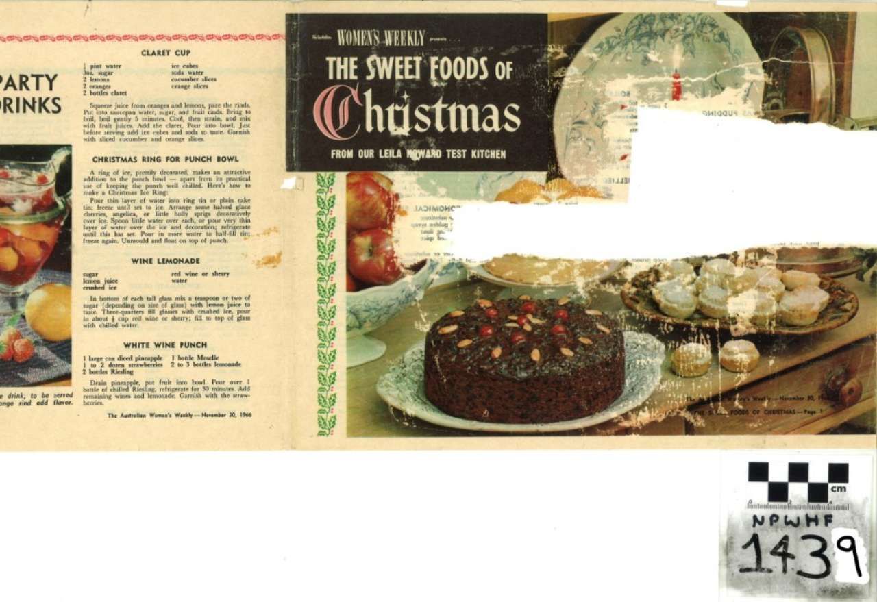 Vintage holiday cookbook spread titled “The Sweet Foods of Christmas” with cake, cookies, and drinks