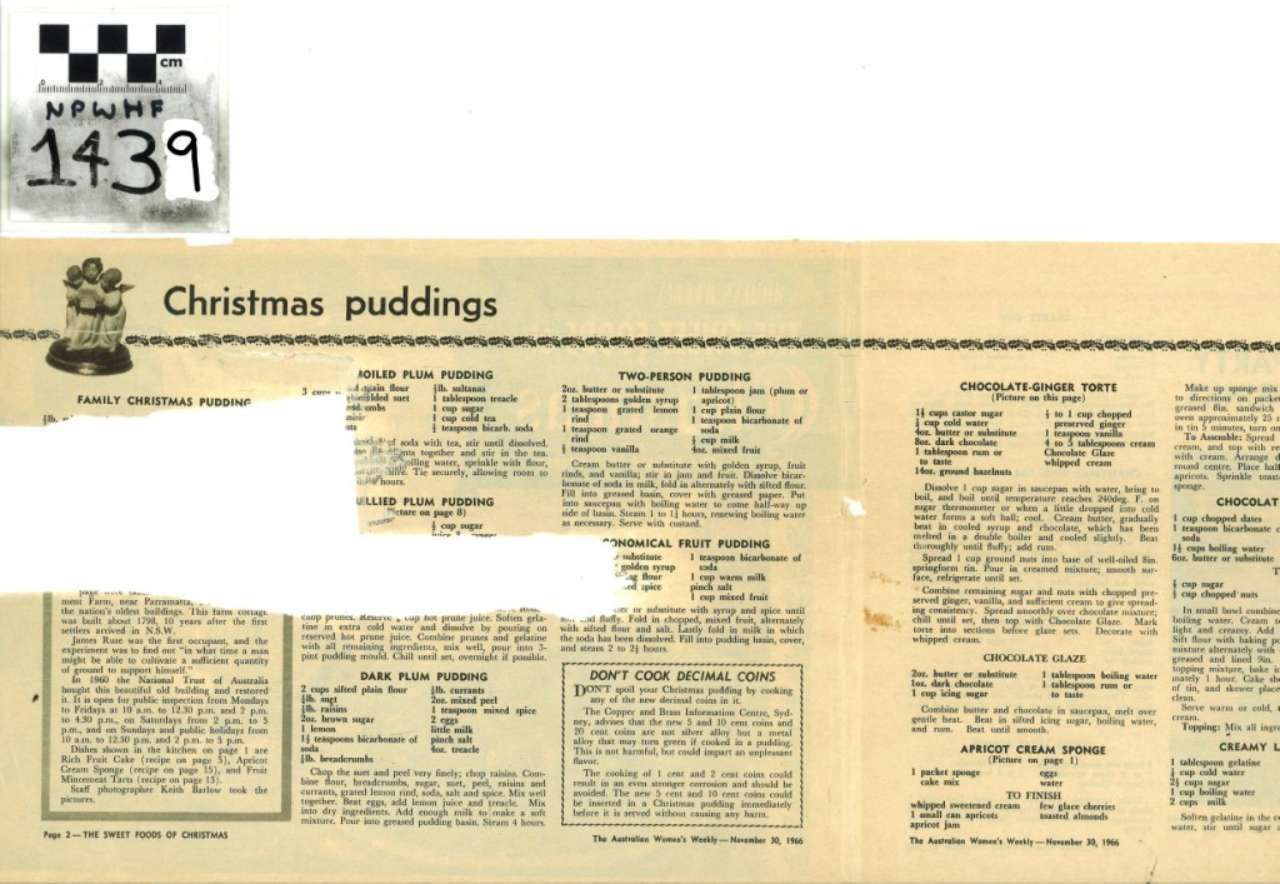 Vintage recipe page titled “Christmas puddings” with columns of text and a small pudding illustration