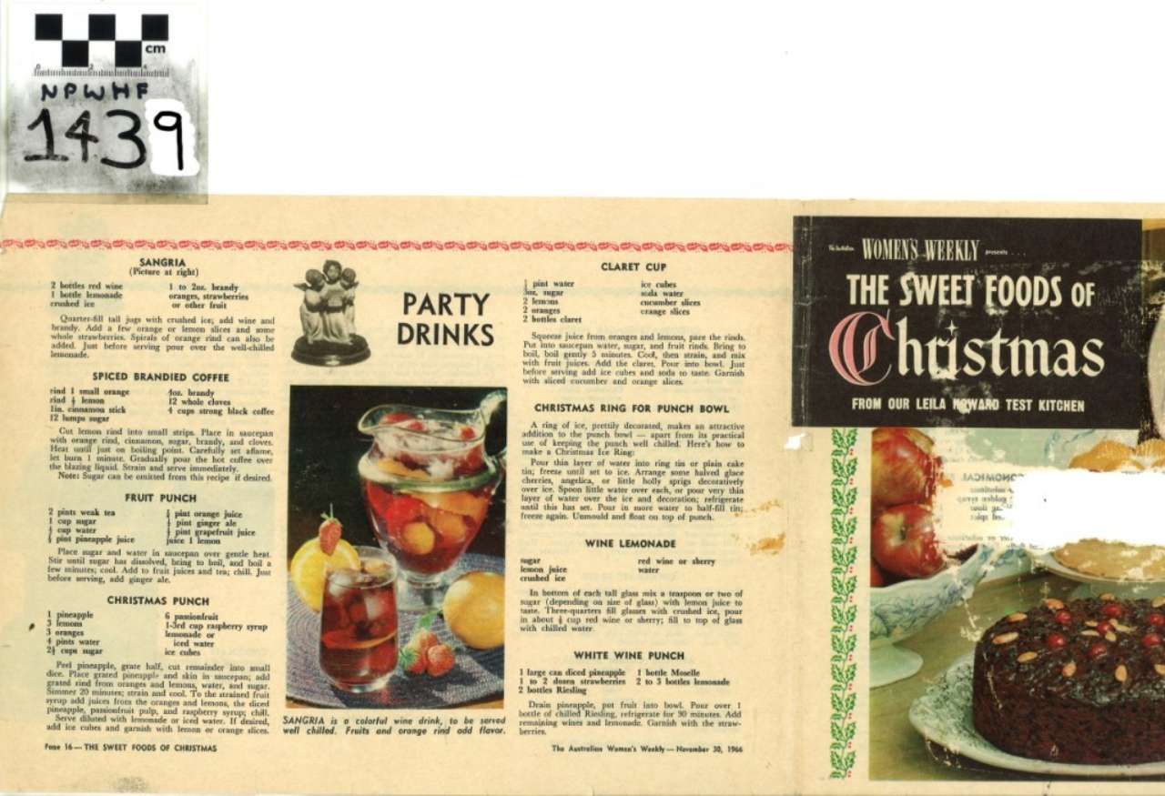 Vintage holiday recipe spread with party drinks, including hot wassail and a Christmas dessert cake.