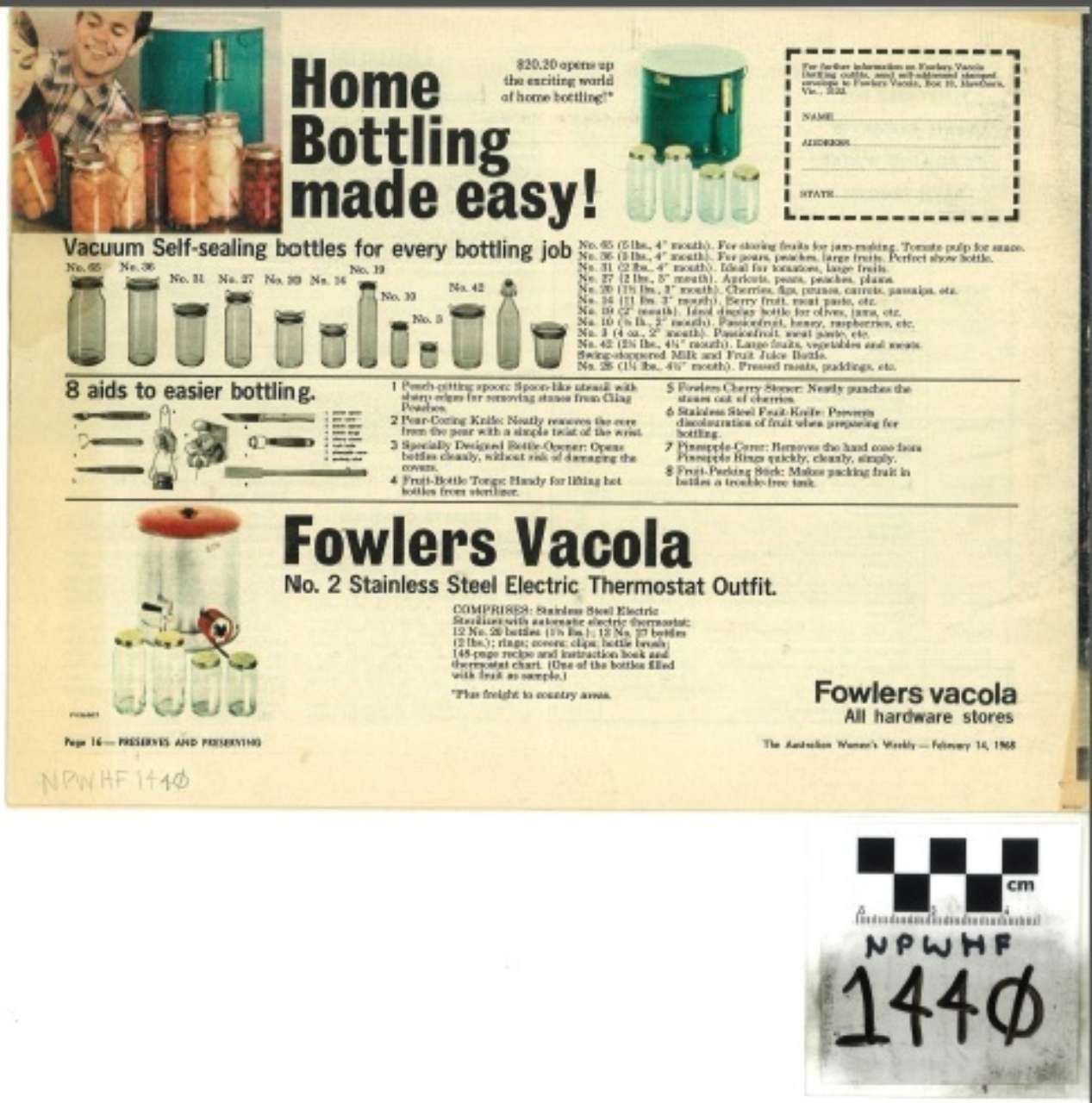 Vintage Fowler's Vacola home bottling ad with jars, bottles, and a black-and-white logo.