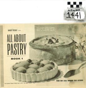 Vintage cookbook cover reading “All About Pastry, Book 1” with photos of a pie and a baking dish