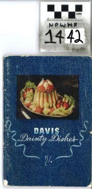 Blue Davis dairy dishes booklet with a dessert illustration on the cover, labeled “14 42” at top.