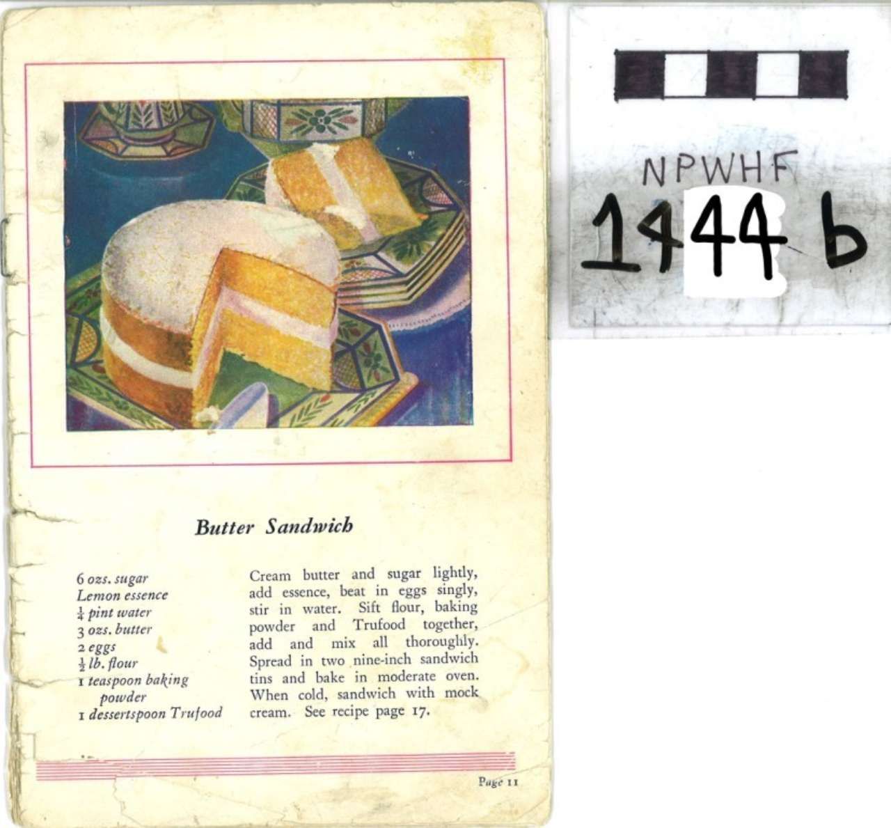 Vintage book page with a colorful abstract still life and small printed text beside a catalog label 