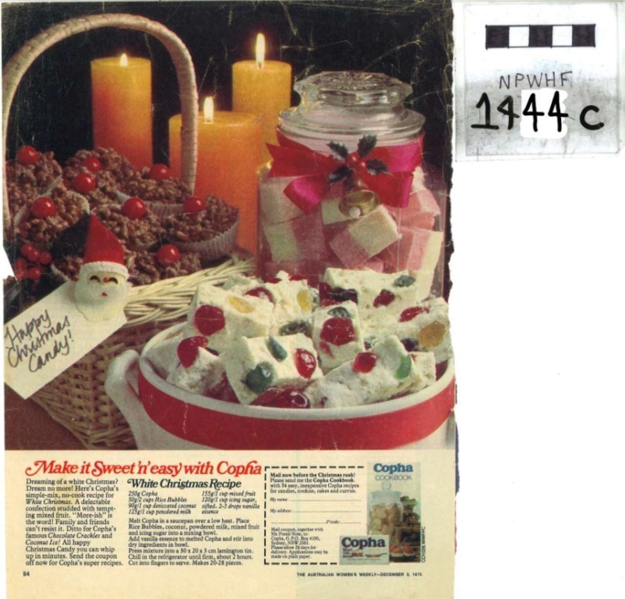 Holiday dessert ad with candles, poinsettias, and a frosted cake topped with cherries and marshmallows