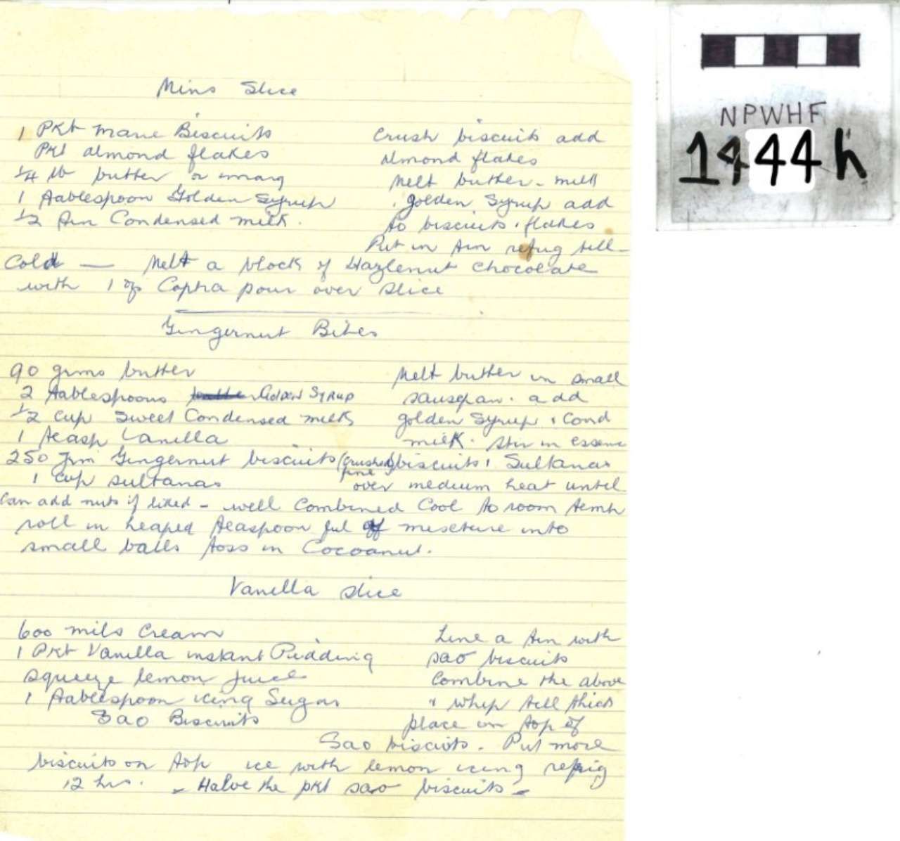 Handwritten notes on yellow lined paper beside a small label reading “1444h”