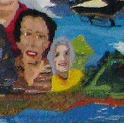 Two painted faces in a colorful abstract scene with blue water and green landforms