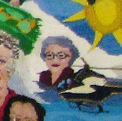 Person with glasses in a colorful painted scene beside a black-and-white bird under a bright sun