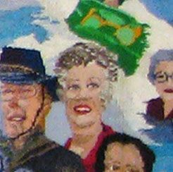 Cartoon crowd under a blue sky, with a central smiling figure in a green hat and others around them