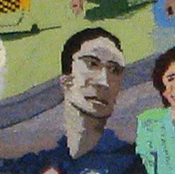 Stylized mural of a person with glasses in a blue shirt against a green and purple background