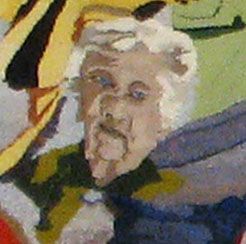 Painted portrait of an elderly person with white hair against a colorful abstract background