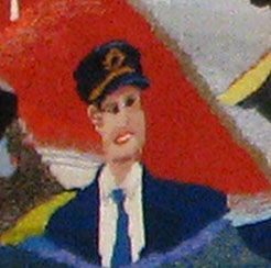 Illustrated uniformed officer in a blue suit and cap against a red and white background