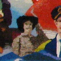 Child in patterned shirt and black hat amid colorful figures, with red, blue, and green background.