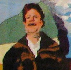 Person with dark hair and black coat against a painted green and blue background, raising one arm