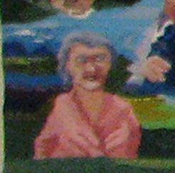 Portrait of a smiling older person in a pink top against a painted landscape background
