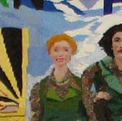 People in green clothing standing against a cloudy blue sky mural