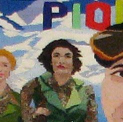 Mural with three painted figures beneath colorful letters, set against a cloudy sky background
