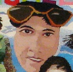 Stylized portrait wearing orange sunglasses on the head, with a slight smile and colorful background