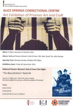 Poster for Alice Springs Correctional Centre art exhibition, featuring prisoner art and craft with handcuffs artwork.