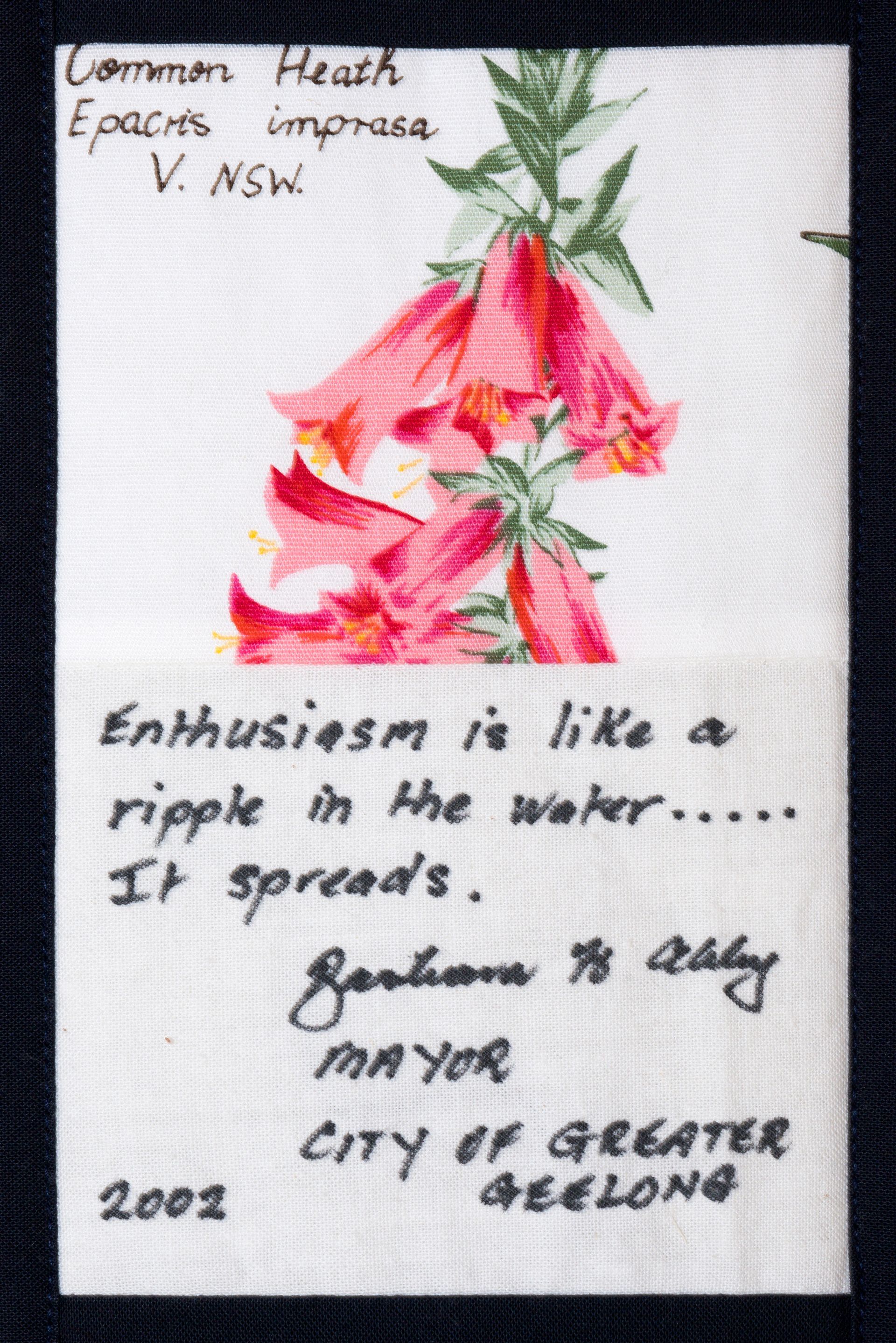 Handwritten quote with pink flowers: “Enthusiasm is like a ripple in the water. It spreads.”