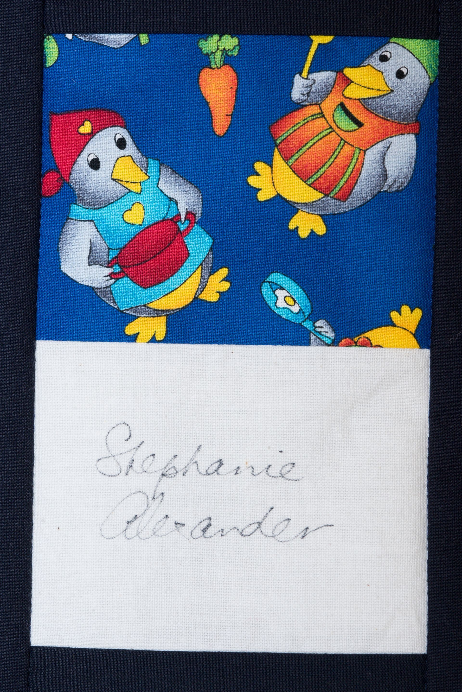 Embroidered blue fabric with two cartoon birds and carrot details above a white signed label