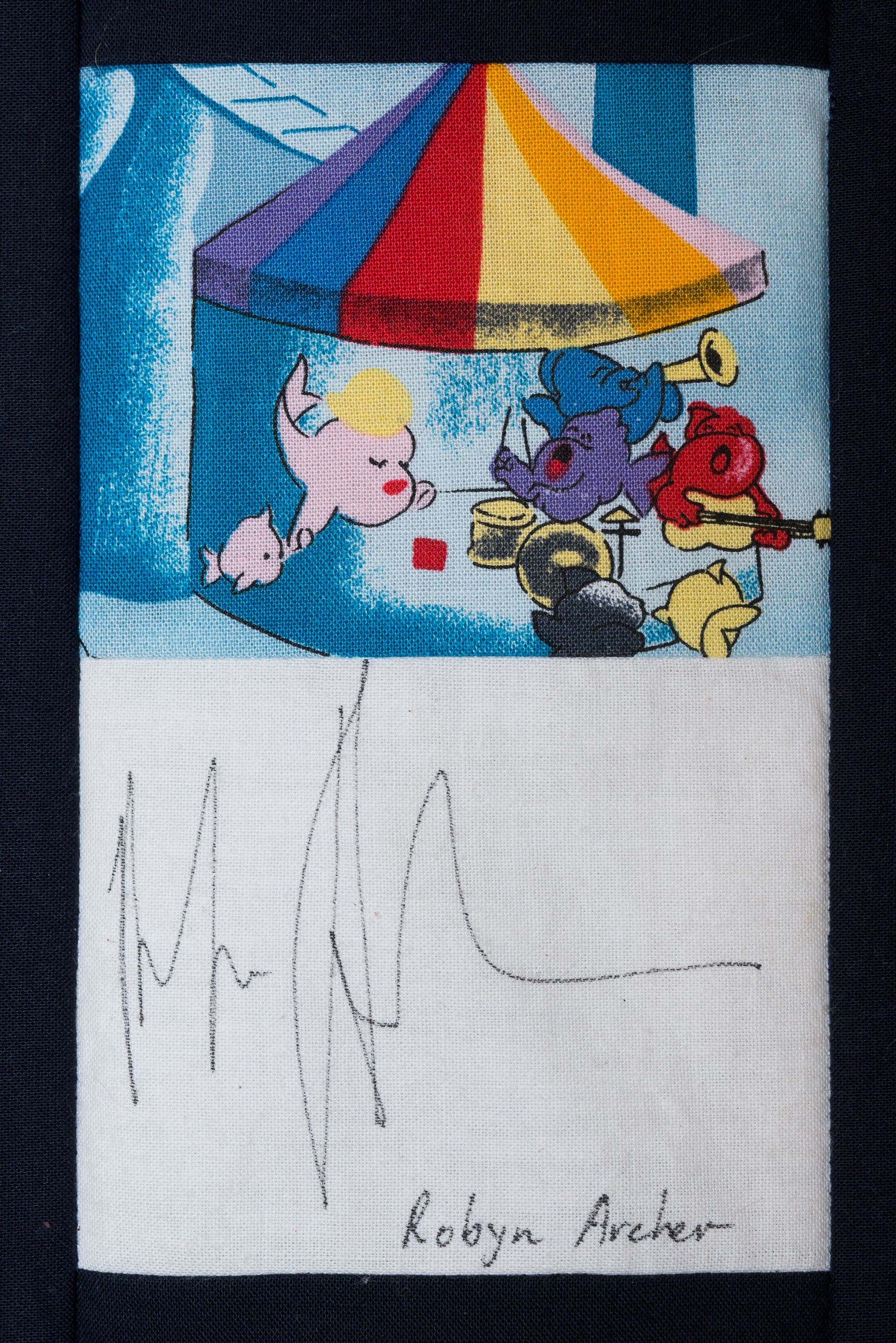 Colorful fair scene with animals under a striped canopy above a white scribbled section