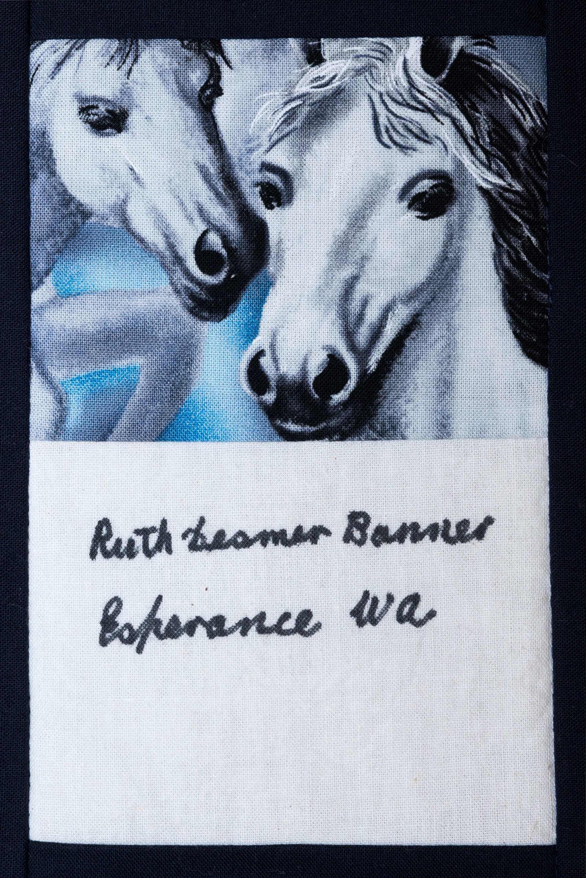 Hand-drawn horses with handwritten text reading “Ruth Franzman Banner, Burbank WA”