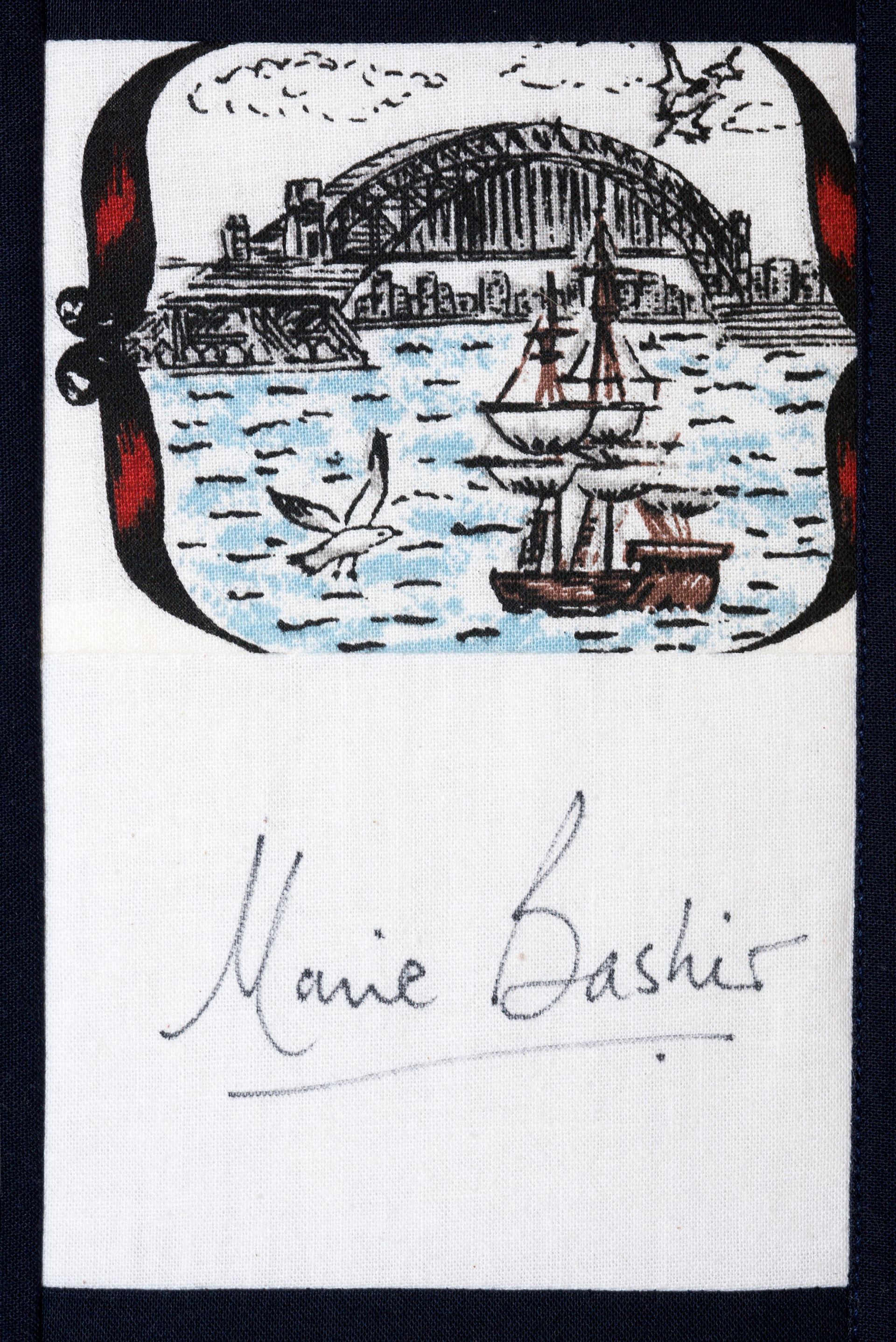 Hand-drawn harbor scene with boats and a city skyline above a signature reading “Marie Bashir”