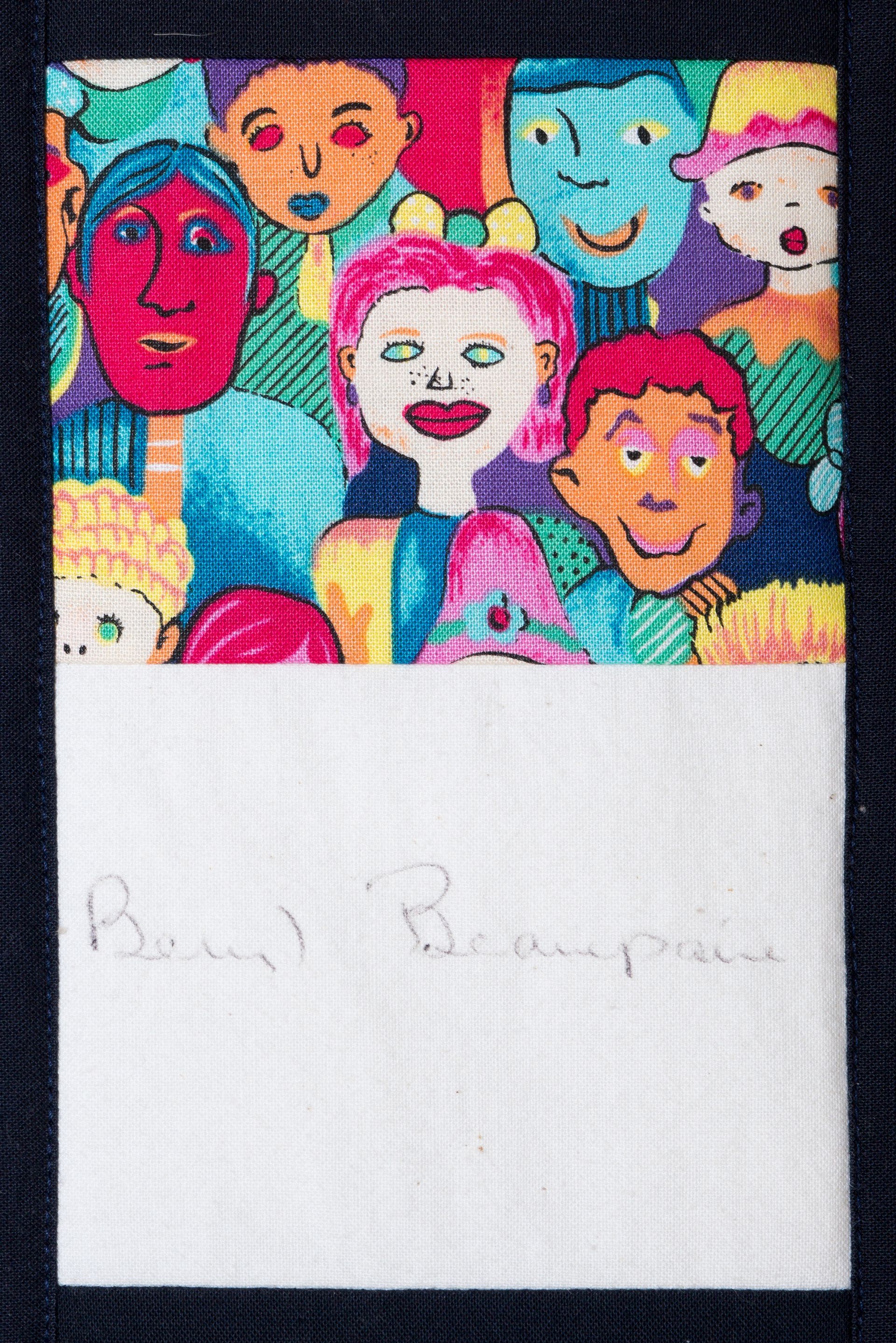 Colorful drawing of smiling faces above a blank white area with faint pencil writing