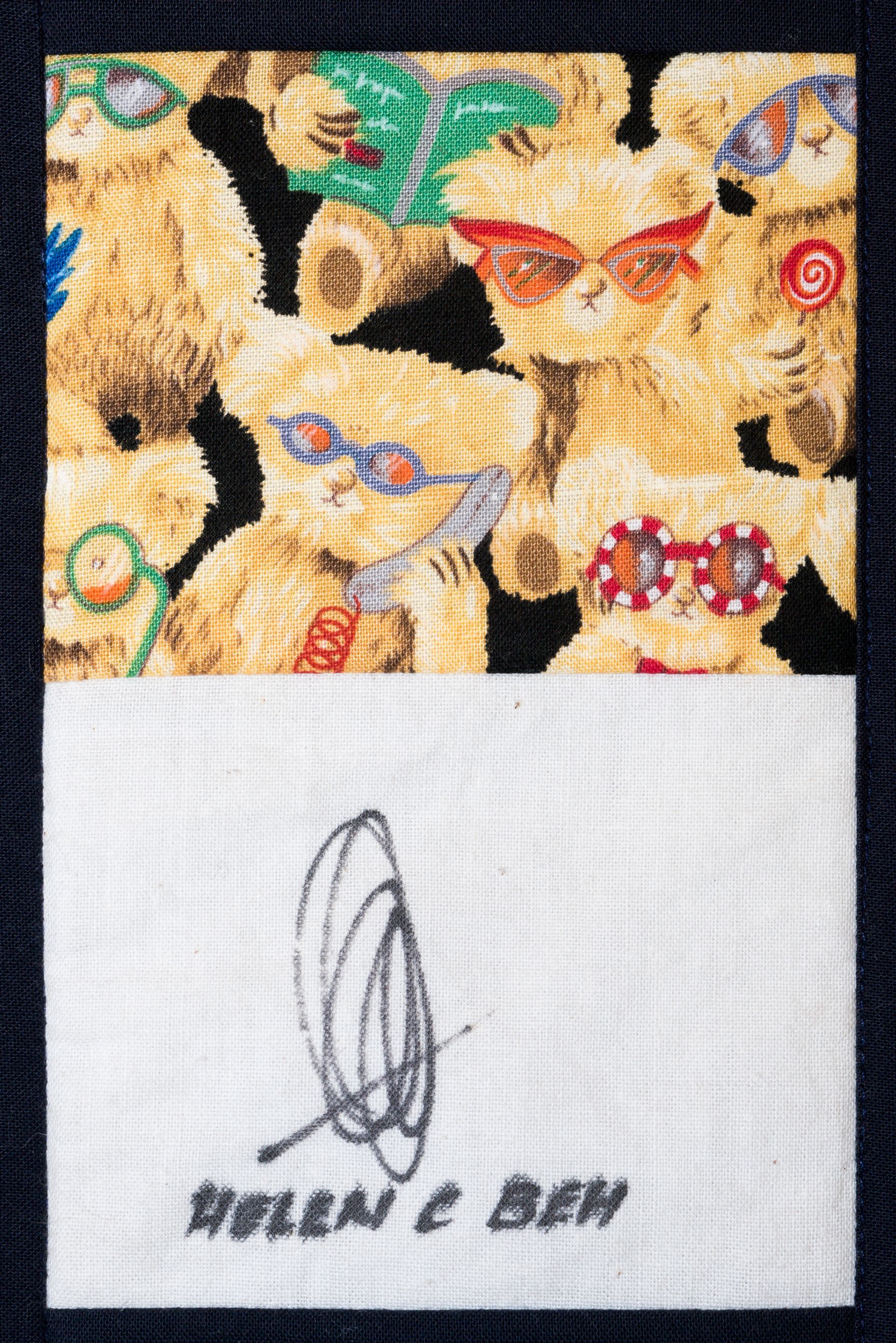 Pencil drawing and signature beneath a colorful painting of teddy bears on textured paper