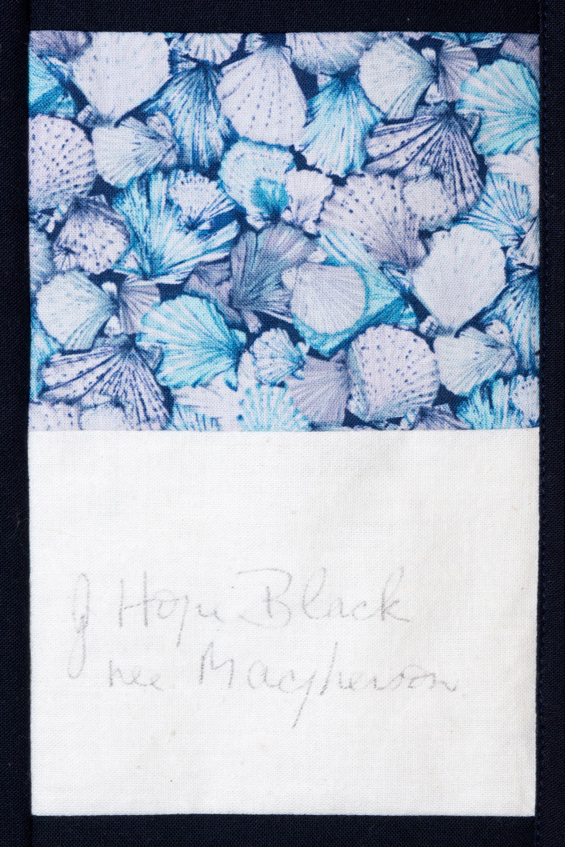 Close-up of blue and white pebbles above a white label with faint handwritten text.