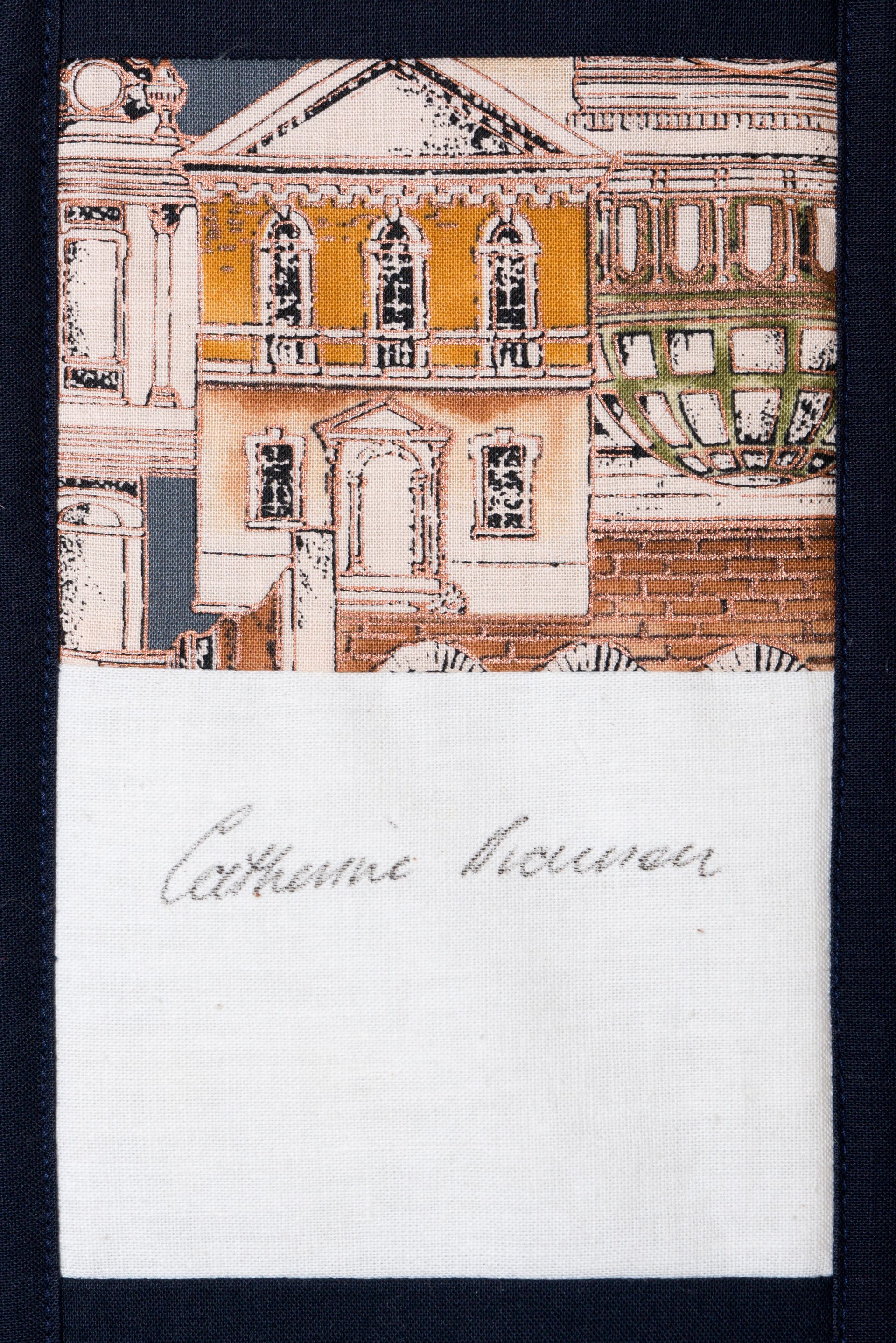 Postcard-style illustration of a cream building with arched windows above cursive writing on white paper